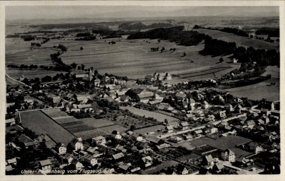 Postcard Peißenberg in Upper Bavaria, aerial photograph, Unter-Peißenberg