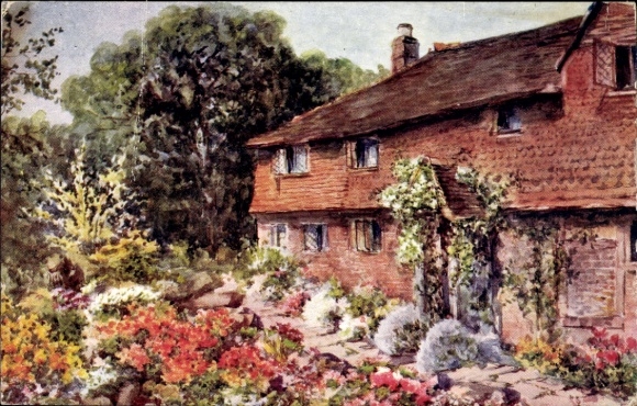 Postcard Great Britain, residential house, garden, flower garden