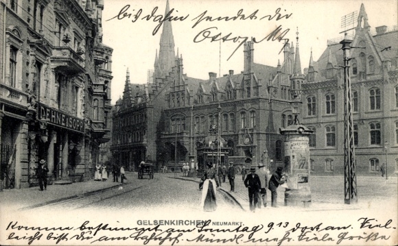 Postcard Gelsenkirchen in the Ruhr area, Neumarkt, shop Dehne & Sopp, advertising column