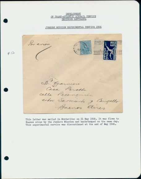 Letter Airmail Deutsche Lufthansa, Transatlantic, Junkers Mission Experimental Service 1926