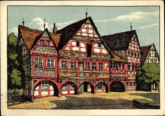 Ak Schwalenberg in Lippe, Fachwerkgebäude, Rathaus, rote und weiße Farben, Details im Ornament...