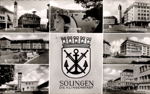 Postcard Solingen in North Rhine Westphalia, coat of arms, Klingenstadt, main street, dam, train station
