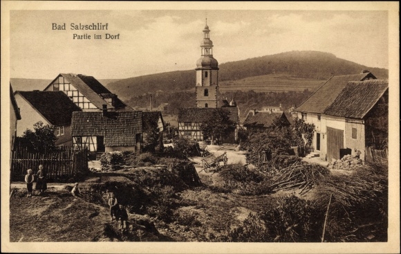 Postcard Bad Salzschlirf in Hesse, lot in the village, church tower