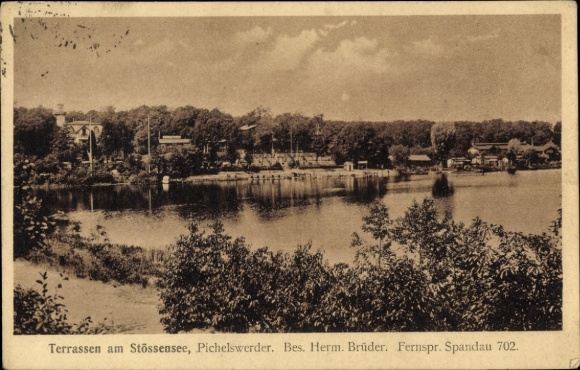Postcard Berlin Spandau Wilhelmstadt Pichelswerder, Terraces at Stössensee, Owner: Herm. Brüder