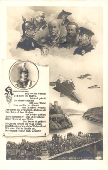 Postcard Kaiser Wilhelm II, Bismarck, Frederick the Great, Blücher, Kaiser Friedrich, Moltke, airship