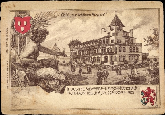 Chromo-Litho Düsseldorf am Rhein, industrial and commercial exhibition in 1902, cafe with a beautiful view