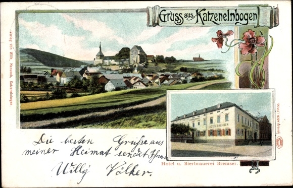 Postcard Katzenelnbogen im Taunus, general view, hotel and brewery Bremser