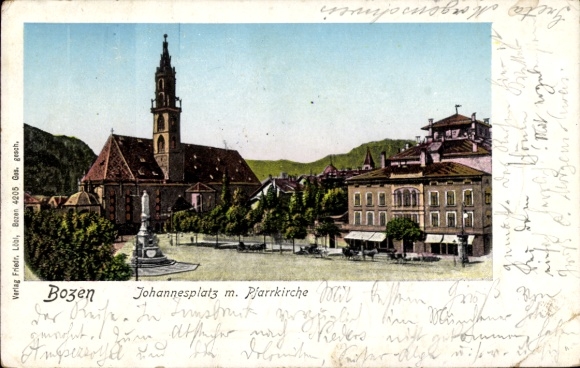 Golden Windows illuminated window Postcard Bozen Bolzano South Tyrol, Johannesplatz with parish church
