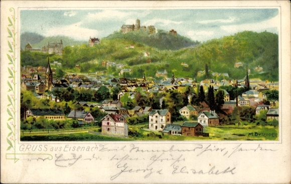 Kunstenaar litho Dutzauer, M., Lutherstadt Eisenach in Thüringen, algemeen beeld, Wartburg