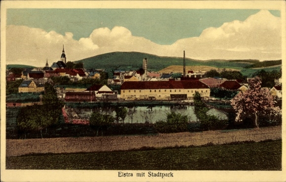Postcard Elstra in Upper Lusatia Saxony, city park, building, church, landscape, pond