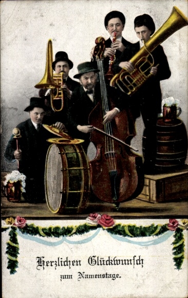 Postcard Happy name day, men with musical instruments