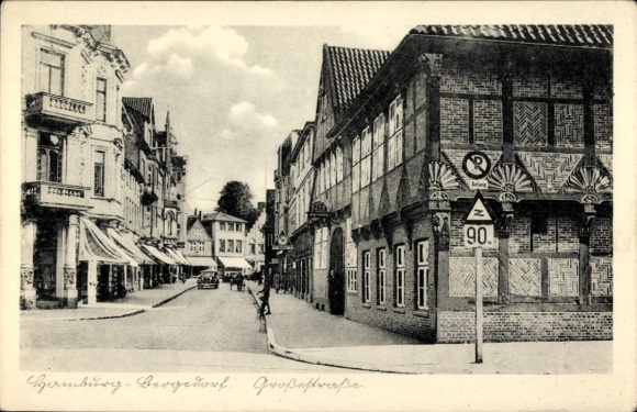 Postcard Hamburg Bergedorf, Große Straße, shops, street sign