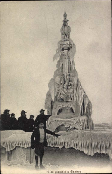 Postcard Geneve Geneva, Vue du Bise glaciale, men, ice sculpture