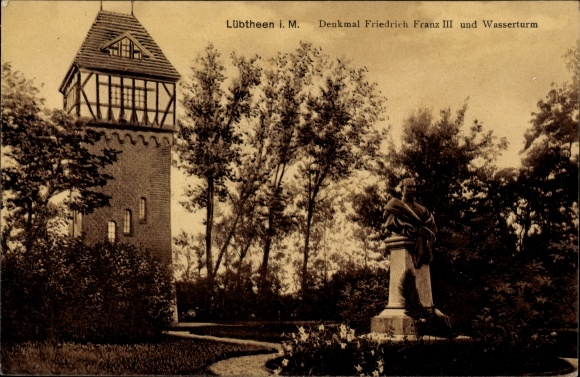 Postcard Lübtheen in Mecklenburg, monument to Friedrich Franz III. and water tower