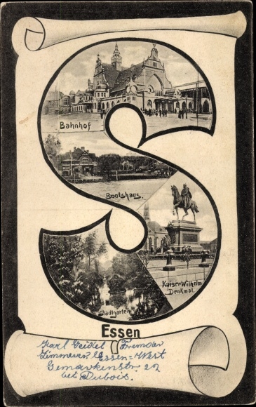Letters Postcard Essen in the Ruhr area, train station, boathouse, Kaiser Wilhelm equestrian monument, city garden