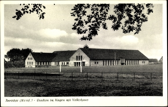 Postcard Anröchte in Westphalia, stadium in Hagen with people&#39;s house