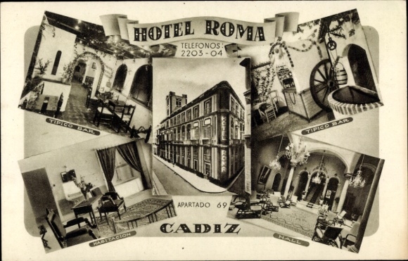 Postcard Cádiz Andalusia, Hotel Roma, Typical Bar, Hotel Room, Reception