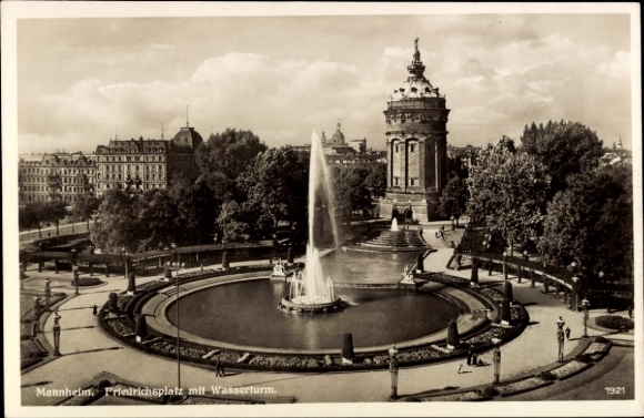 Postcard Mannheim in Baden, Friedrichsplatz, water tower, fountain, trees, Mannheim