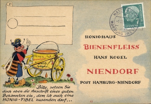 Postcard Hamburg Niendorf, advertising, Hans-Kogel-Honighaus bee diligence, bee, honey pot
