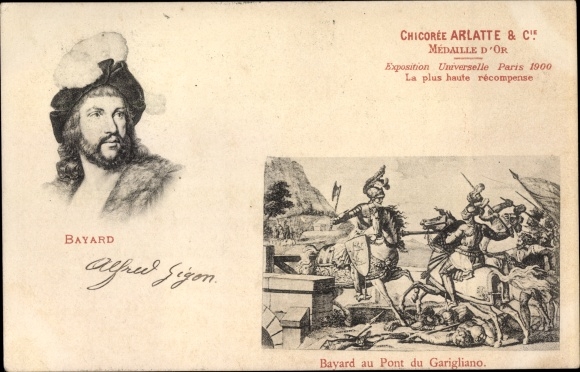 Postcard French field commander Pierre Terrail de Bayard, Pont du Garigliano 1503, Chicory Arlatte