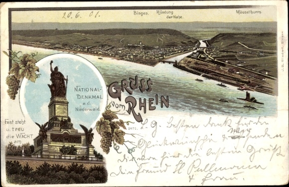 Postcard Bingen am Rhein, NATIONAL MONUMENT, Mouse Tower, Rhineland landscape, grapes
