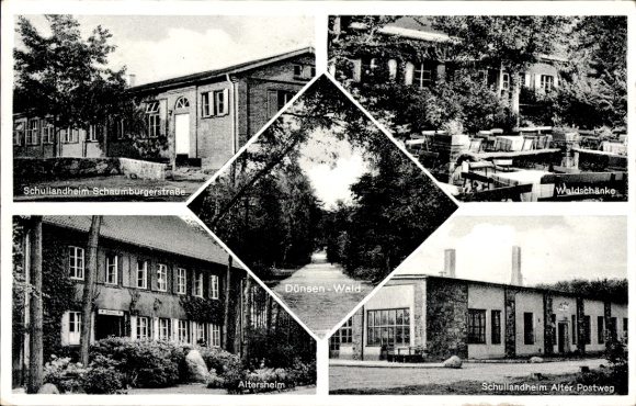 Postcard Dünsen in Oldenburg, Waldschänke, Schullandheim Schaumburgerstraße, Alter Postweg, retirement home