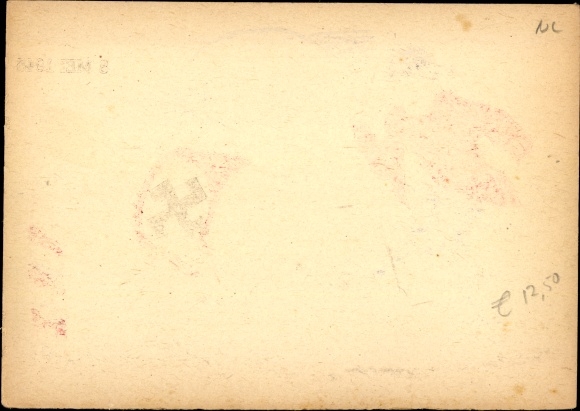 Artist Postcard 8 May 1945, liberation of the Netherlands, man kicks pig with swastika, anti-Hitler