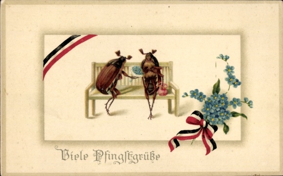 Postcard Happy Pentecost, Two cockchafers on a bench, Forget-me-not