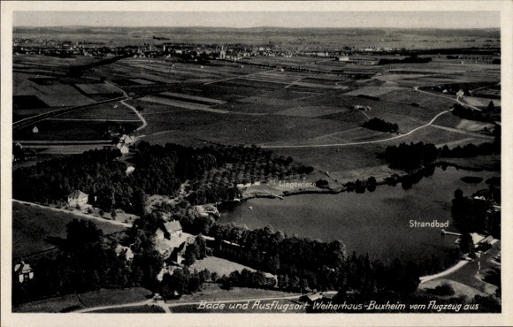 Ak Buxheim in Schwaben, Weiherhaus, Fliegeraufnahme, Strandbad