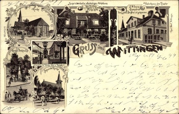 Litho Wittingen in Niedersachsen, Wohnhaus des Pastor, Kirche, Kriegerdenkmal