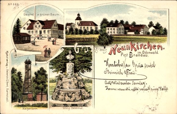 litho Neunkirchen in het Odenwald Modautal, Ohly Monument, Gasthof zum Grünen Baum, Kaiserturm