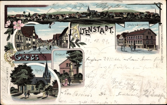 Litho Altenstadt in Hessen, Denkmal, Kirche, Schule, Amtsgericht, Panorama