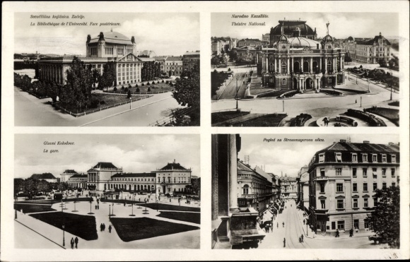 Postcard Zagreb Croatia, theater, train station, street section