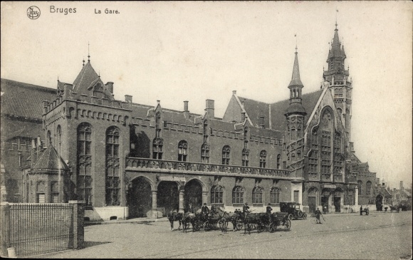 Postcard Bruges Bruges Flanders West Flanders, De Statie, train station, street side