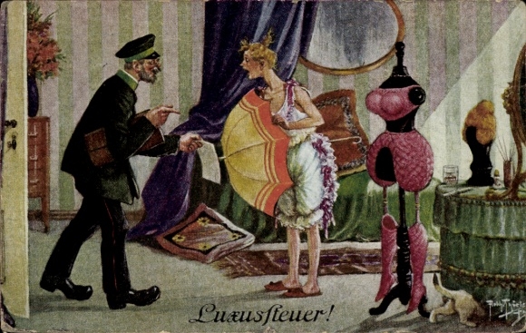 Artist Postcard Thiele, Arthur, tax sources, luxury tax, woman in underwear