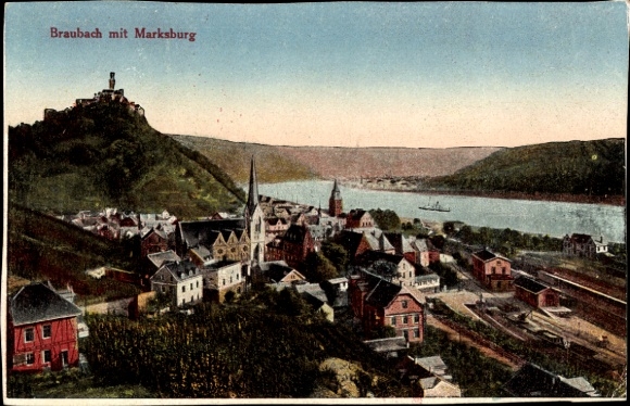 Postcard Braubach am Rhein, Braubach with Marksburg, river landscape, buildings, church