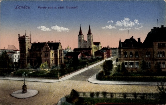 Postcard Landau in der Pfalz, southern part of the town, church