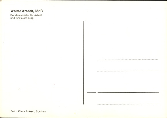 Postcard politician Walter Arendt, Federal Minister of Labor and Social Affairs, portrait