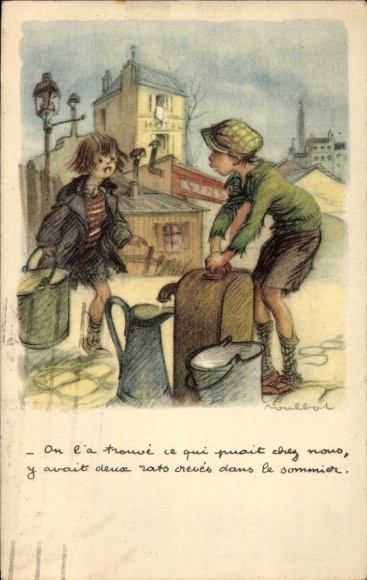 Artist PC Poulbot, Francisque, boy at the water pump, girl with a bucket