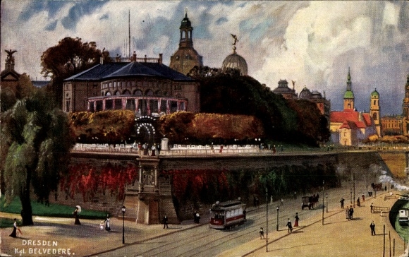 Künstler Ak Dresden Altstadt, Kgl. Belvedere, Straßenpartie, Straßenbahn