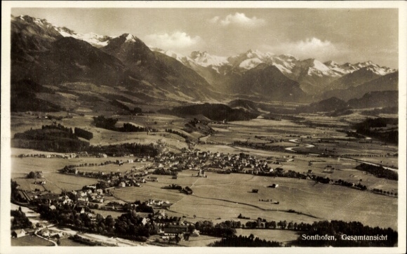 Postcard Sonthofen in the Oberallgäu Swabia, scenic view of mountains, valley, villages