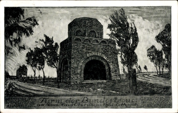 Künstler Ak Ricken, Paul, Oberwiesenthal im Erzgebirge Sachsen, Turm der Bundestreue, Neues Haus