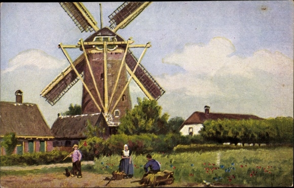 Artist PC Gerstenhauer, Netherlands, men and women in traditional costumes in front of a windmill