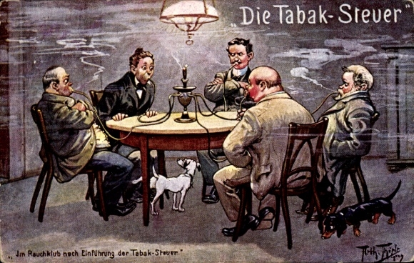 Artist Postcard Thiele, A., Tobacco Tax, Smoking Men, Dachshund