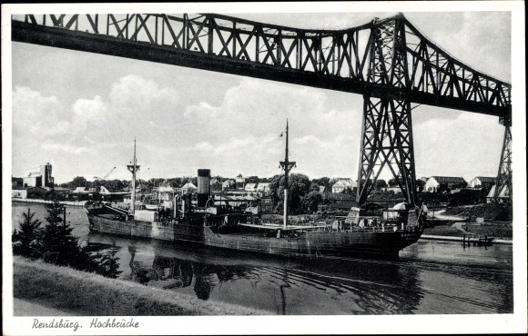 Ak Rendsburg in Schleswig Holstein, Blick auf die Hochbrücke, Frachtschiff
