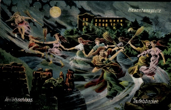 Postcard Thale in the Harz, Hexentanzplatz, Teufelsbecken, witches, Teufelsschloss