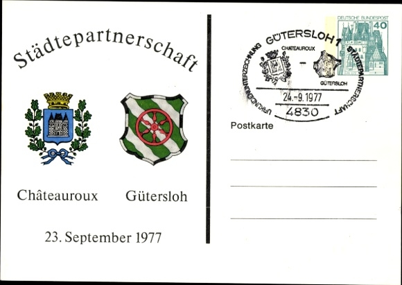 Ak Gütersloh in Westfalen, Städtepartnerschaft Châteauroux, Wappen, 23.09.1977