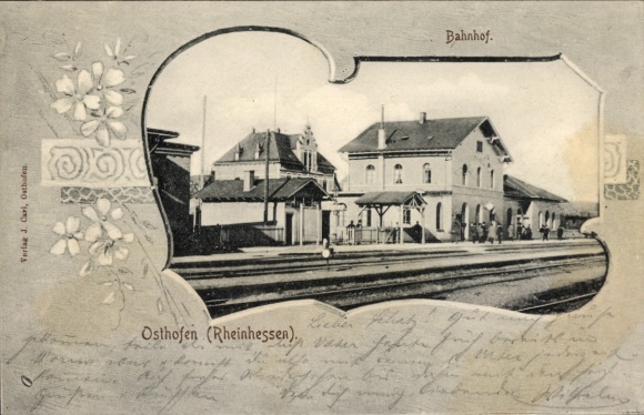 Passepartout Ak Osthofen in Rheinhessen, Bahnhof Gleisseite