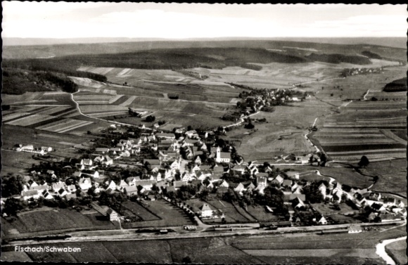Postcard Fischach in Swabia, aerial view of Swabia, picturesque landscape, many roofs