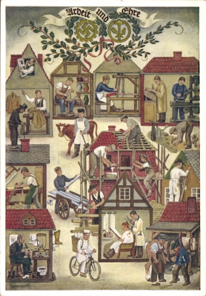 Künstler Ak Reichshandwerkertag 1936, Arbeit und Ehre, Friseur, Bäcker, Töpfer, Schornsteinfeger